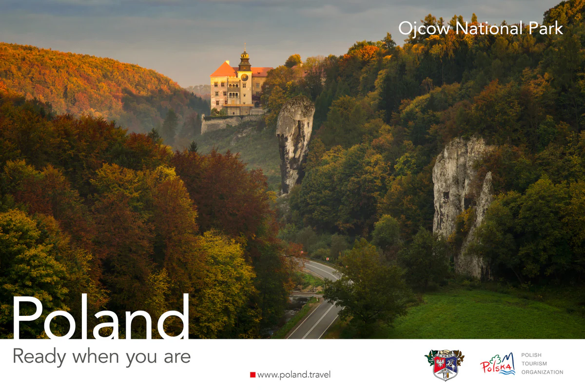 Poland, Ready when you are poster showing Ojców National Park with a castle, limestone rocks and autumn forest