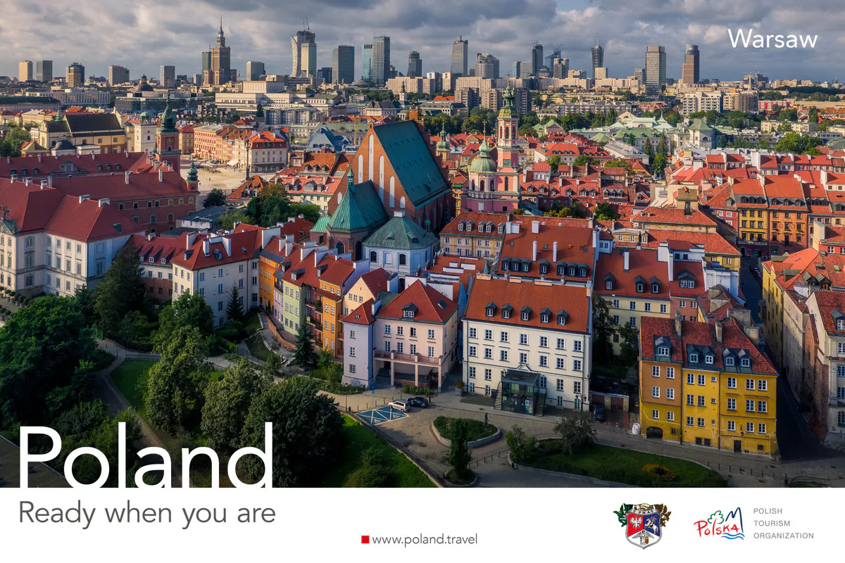 Poland, Ready when you are poster with an aerial view of the Warsaw Old Town and the city skyline behind it