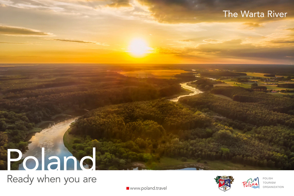 Poland, Ready when you are poster showing an aerial sunset view of the Warta River winding through forests