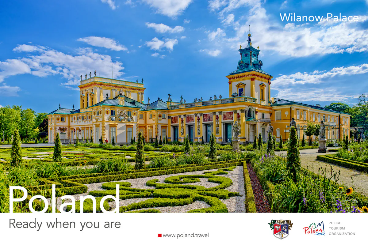 Poland, Ready when you are poster showing the baroque Wilanów Palace in Warsaw with its formal garden