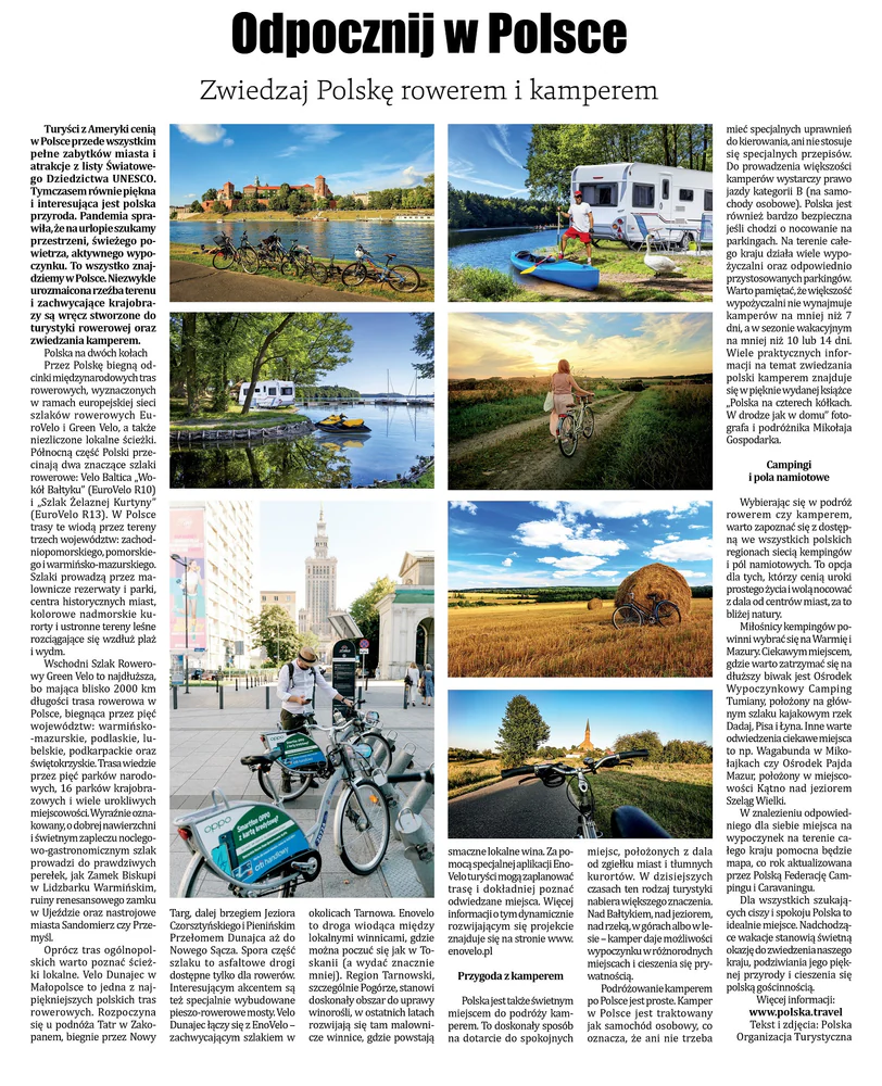 Dziennik Związkowy page with a Polish Tourism Organization article on exploring Poland by bike and camper, with cycling and camping photos