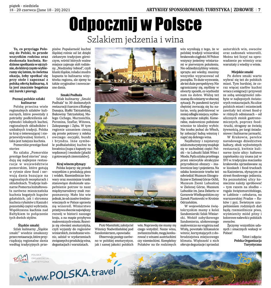 Dziennik Związkowy page from June 18 to 20, 2021 with a Polish Tourism Organization article on Poland's food and wine trails