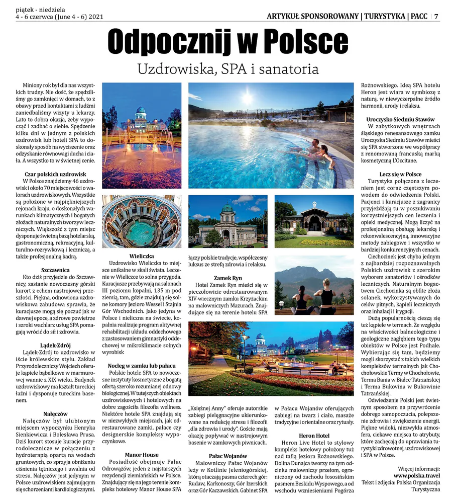 Dziennik Związkowy page from June 4 to 6, 2021 with a Polish Tourism Organization article on Polish health resorts, spas and sanatoriums