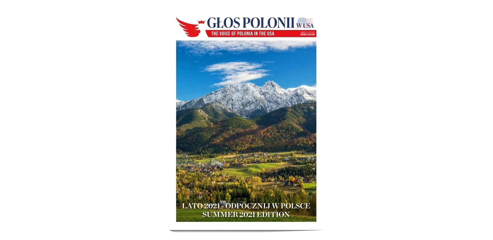 Cover of Głos Polonii w USA, Summer 2021 edition, with the Tatra Mountains above a village and the headline Rest in Poland (in Polish)