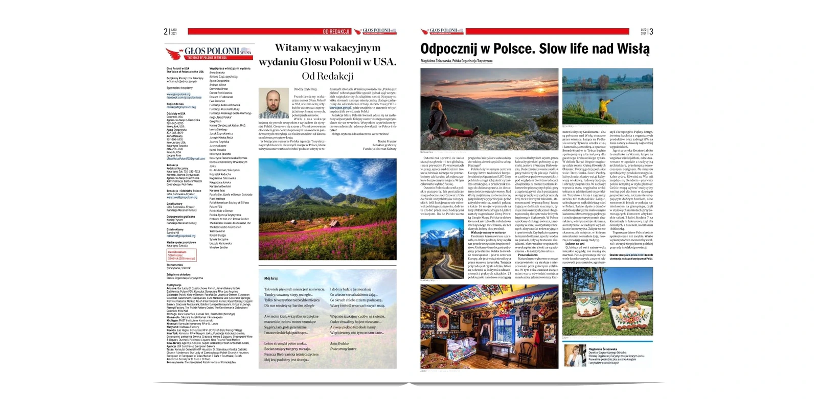 Głos Polonii w USA spread with the summer edition editorial and the article Slow life by the Vistula (in Polish) by Magdalena Żelazowska