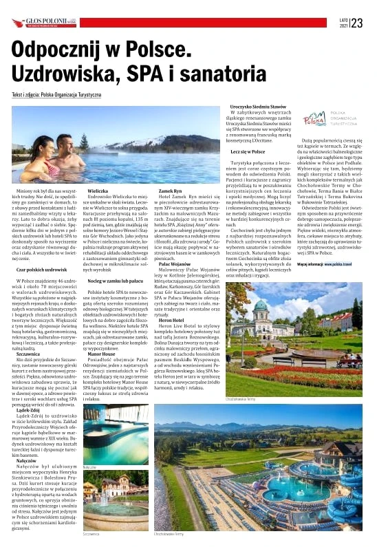 Głos Polonii w USA page 23 with a Polish Tourism Organization article on Polish health resorts, spas and sanatoriums