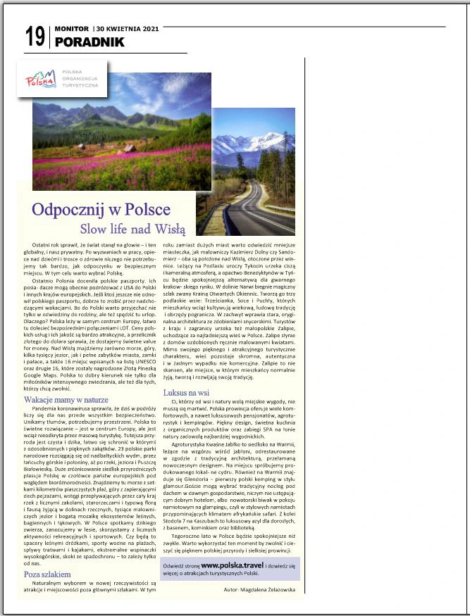 Monitor newspaper page from April 30, 2021 with the article Slow life by the Vistula (in Polish) by Magdalena Żelazowska