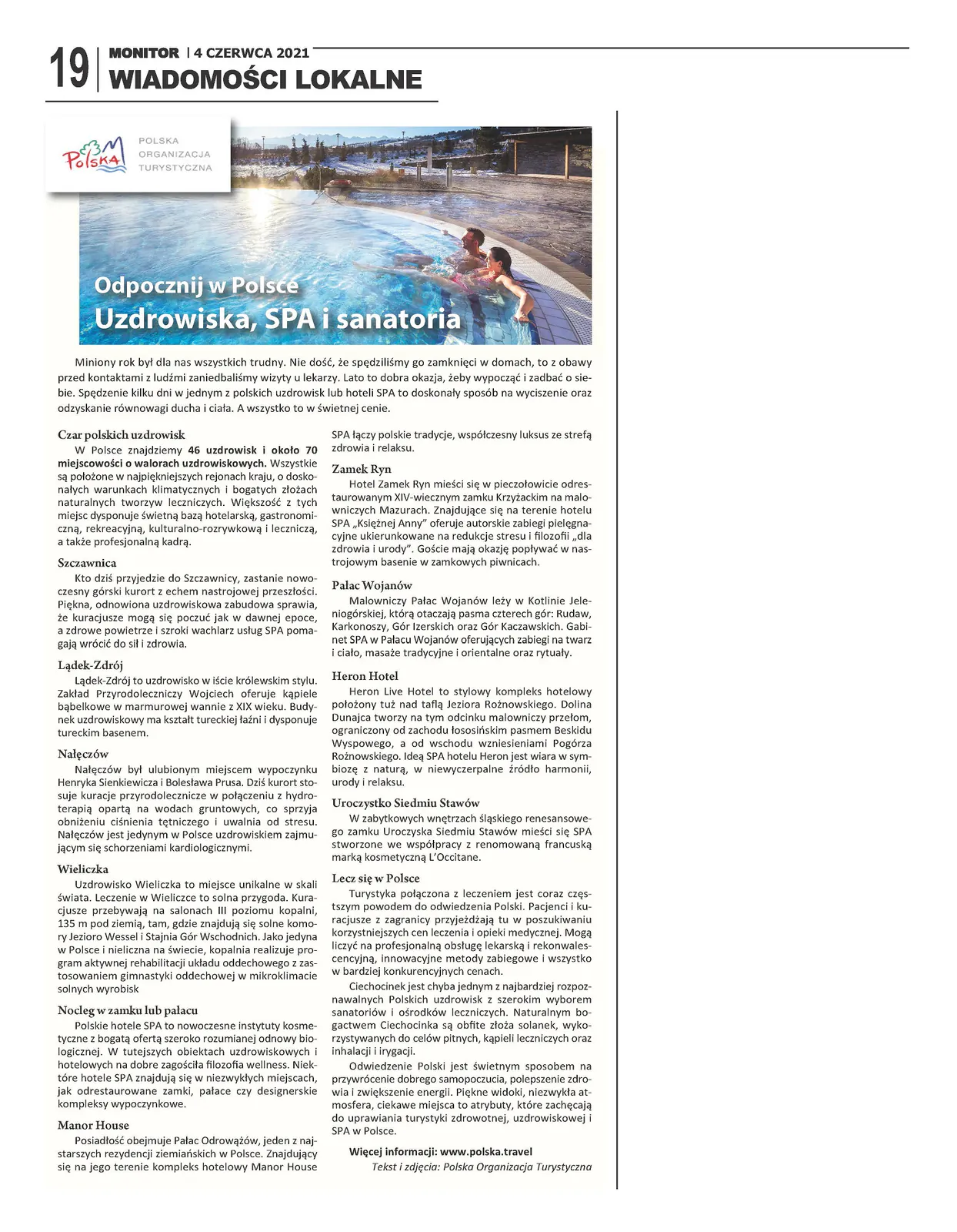 Monitor newspaper page from June 4, 2021 with a Polish Tourism Organization article on Polish health resorts, spas and sanatoriums