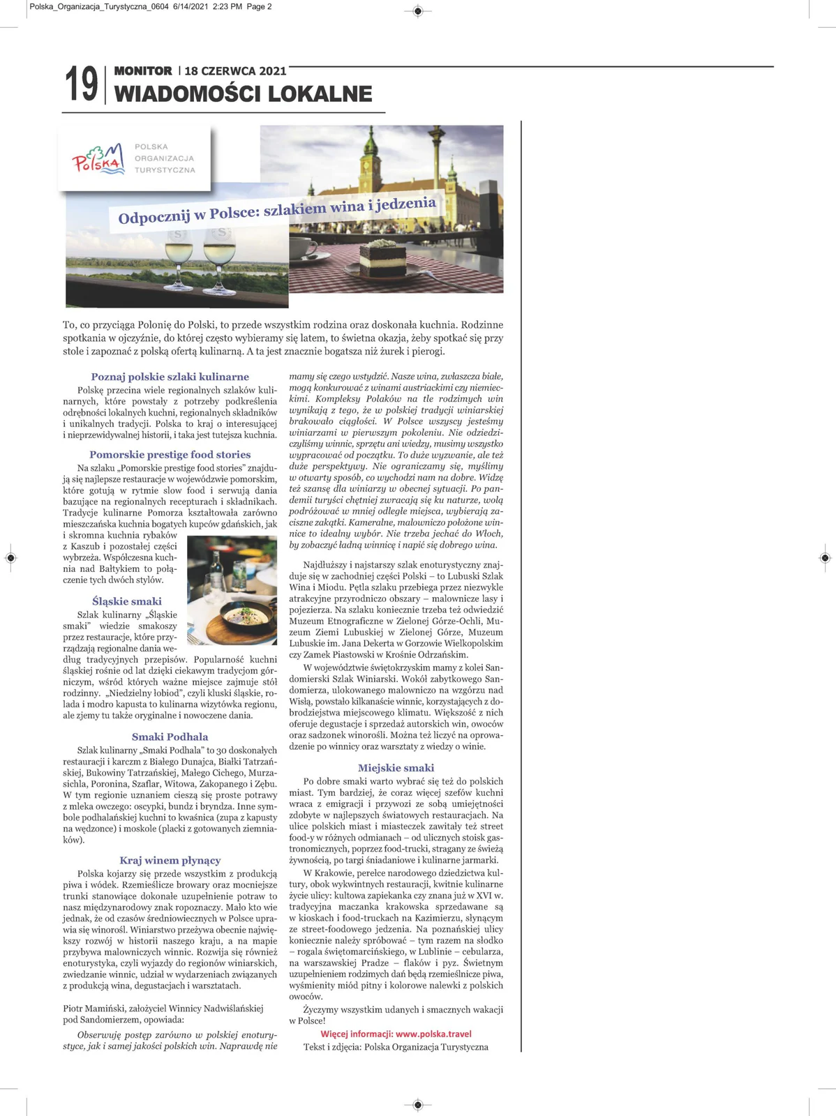 Monitor newspaper page from June 18, 2021 with a Polish Tourism Organization article on Poland's wine and food trails