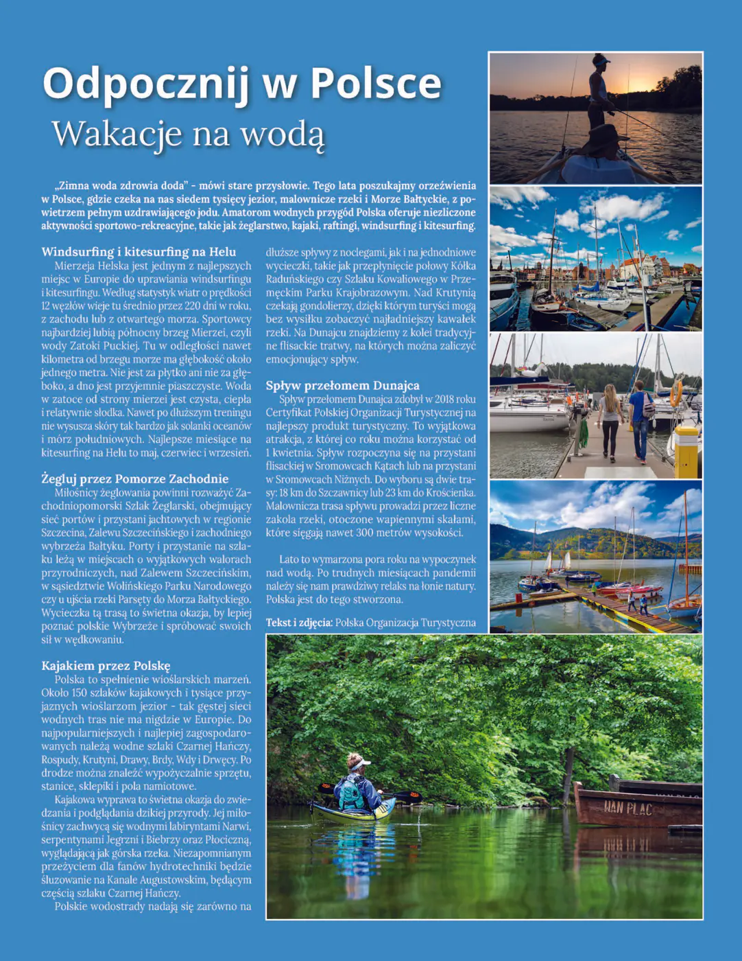 PLUS magazine page with a Polish Tourism Organization article on holidays by the water, illustrated with kayaking and sailing photos