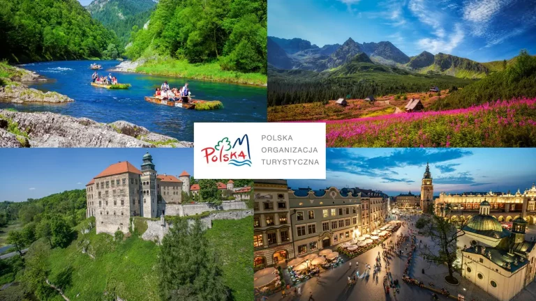 Poland travel collage: rafting on a mountain river, the Tatra Mountains, a hilltop castle and Kraków's Main Square, with the Polish Tourism Organization logo