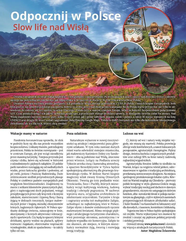 Tygodnik PLUS page with the article Slow life by the Vistula (in Polish) by Magdalena Żelazowska, over a Tatra Mountains meadow photo
