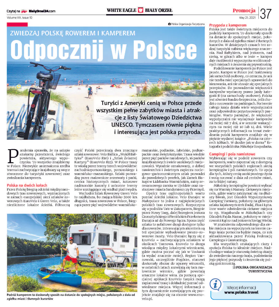 White Eagle (Biały Orzeł) page from May 21, 2021 with a Polish Tourism Organization article on exploring Poland by bike and camper