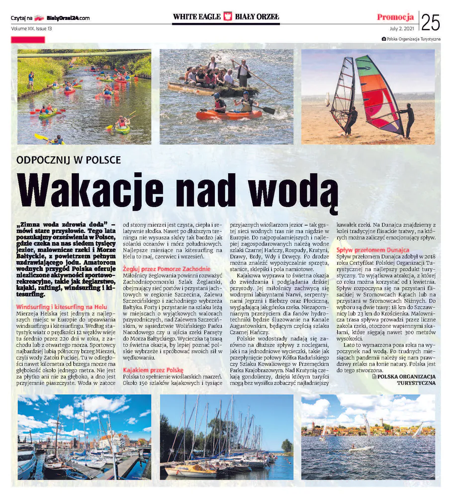 White Eagle (Biały Orzeł) page from July 2, 2021 with a Polish Tourism Organization article on holidays by the water