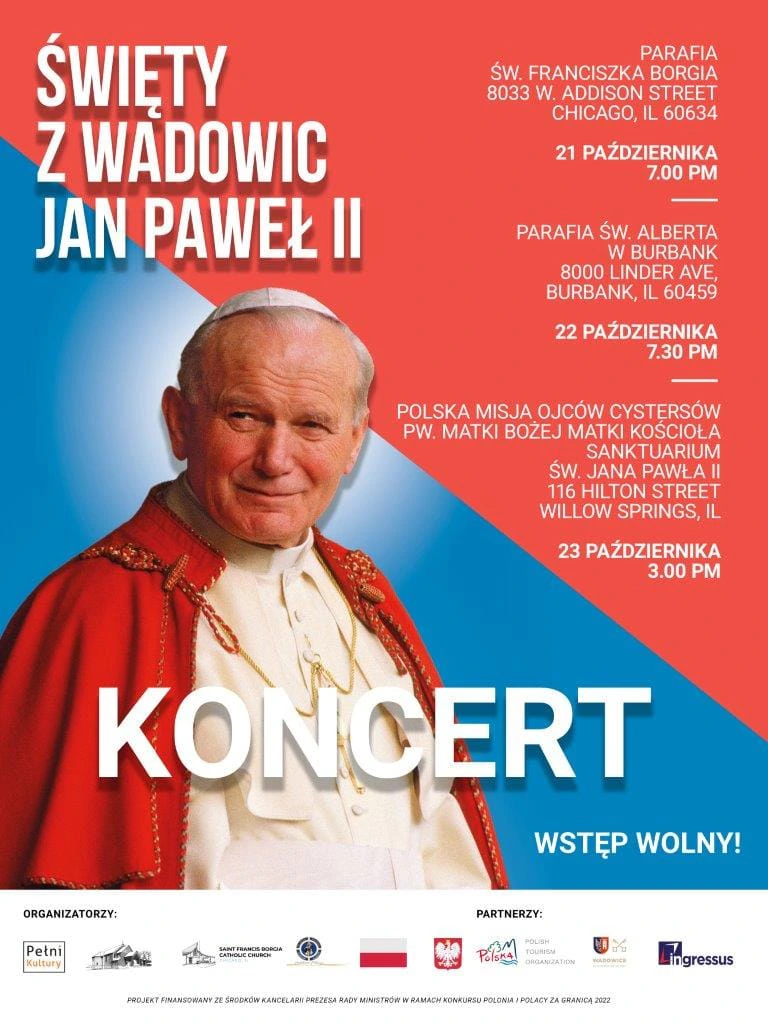 Polish-language poster for The Saint concerts dedicated to John Paul II, listing three Chicago-area parishes on October 21 to 23