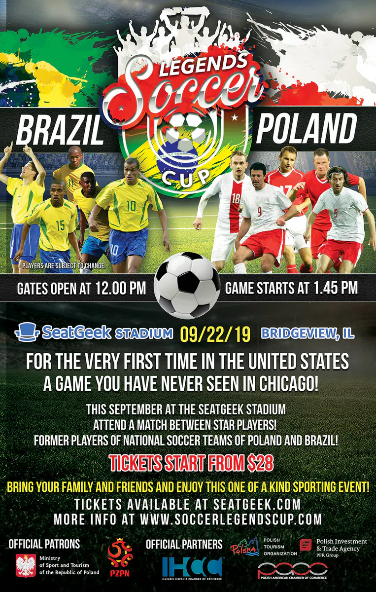 Soccer Legends Cup 2019 poster for Brazil vs. Poland at SeatGeek Stadium with game times, ticket prices and partner logos