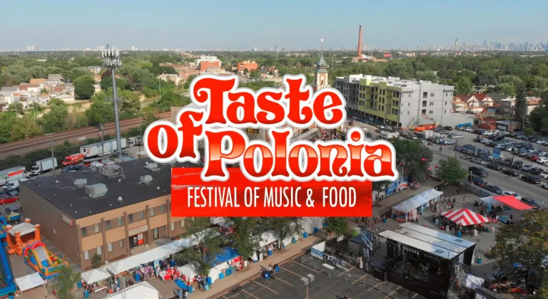 Taste of Polonia Festival of Music & Food title over an aerial view of the festival tents, stage and the Chicago skyline