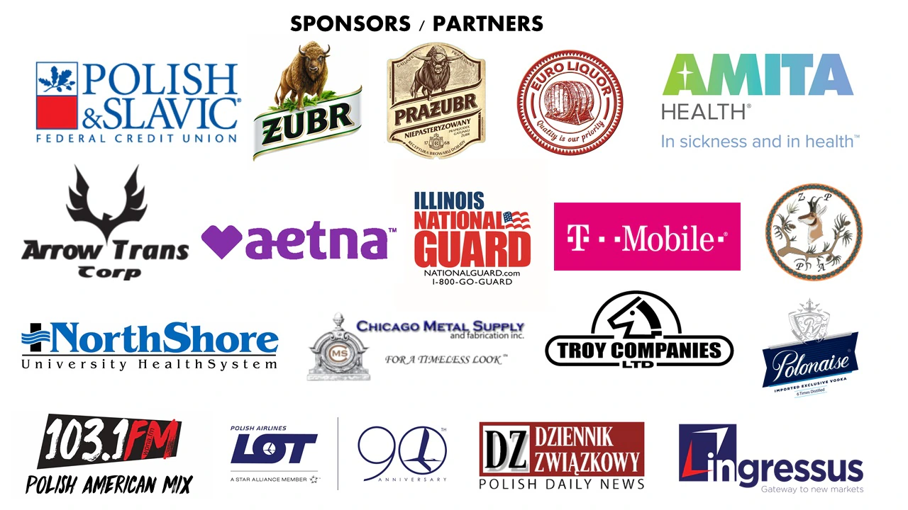 Taste of Polonia 2019 sponsors and partners slide with logos including Polish & Slavic Federal Credit Union, Żubr, LOT and Ingressus