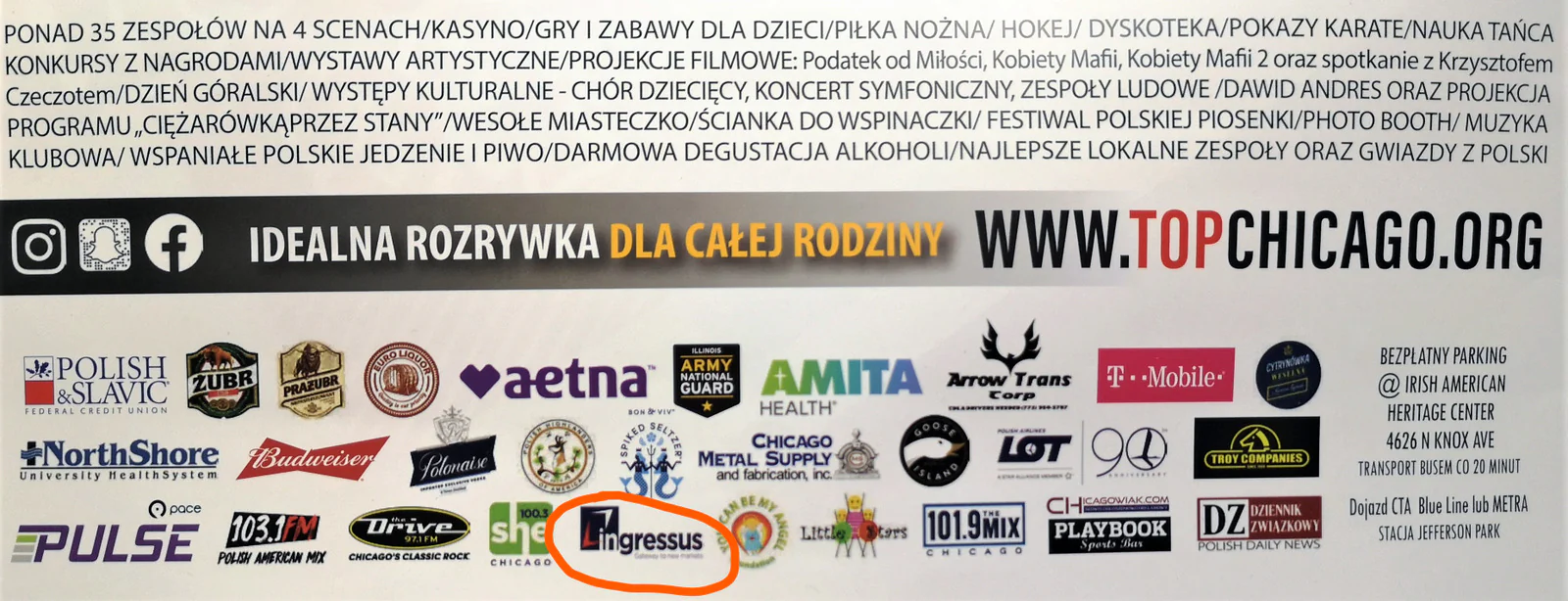 Taste of Polonia 2019 poster in Polish listing festival attractions and sponsor logos, with the Ingressus logo circled in orange
