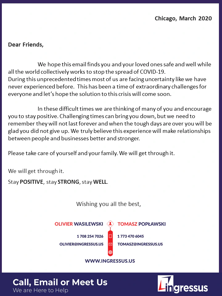 Ingressus COVID-19 letter to friends, Chicago, March 2020, encouraging everyone to stay positive, signed by Olivier Wasilewski and Tomasz Popławski