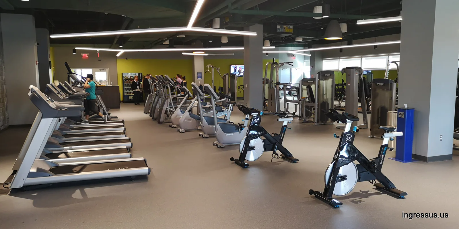Employee gym with treadmills, elliptical trainers and exercise bikes at United Wholesale Mortgage headquarters in Pontiac