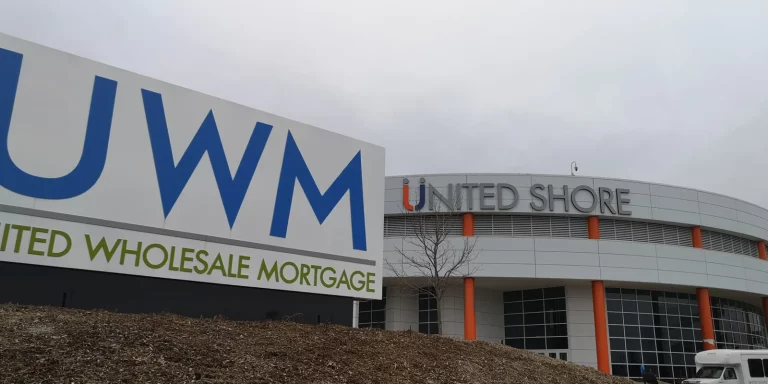United Wholesale Mortgage sign in front of the United Shore headquarters building in Pontiac, March 2019