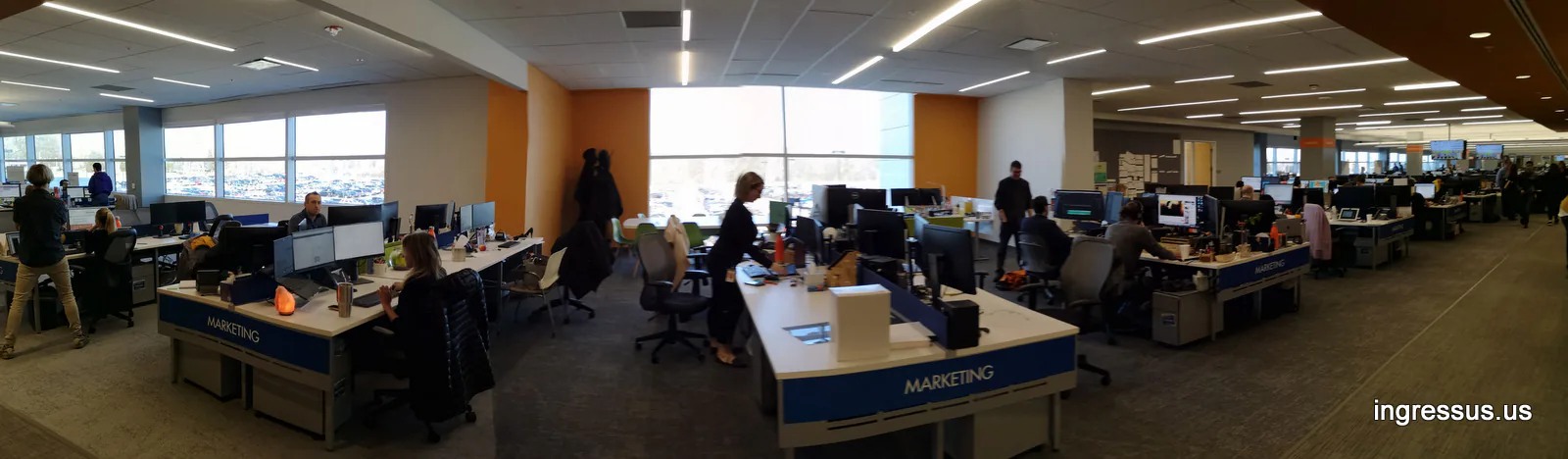 Panorama of the open-plan marketing department at United Wholesale Mortgage headquarters in Pontiac, Michigan
