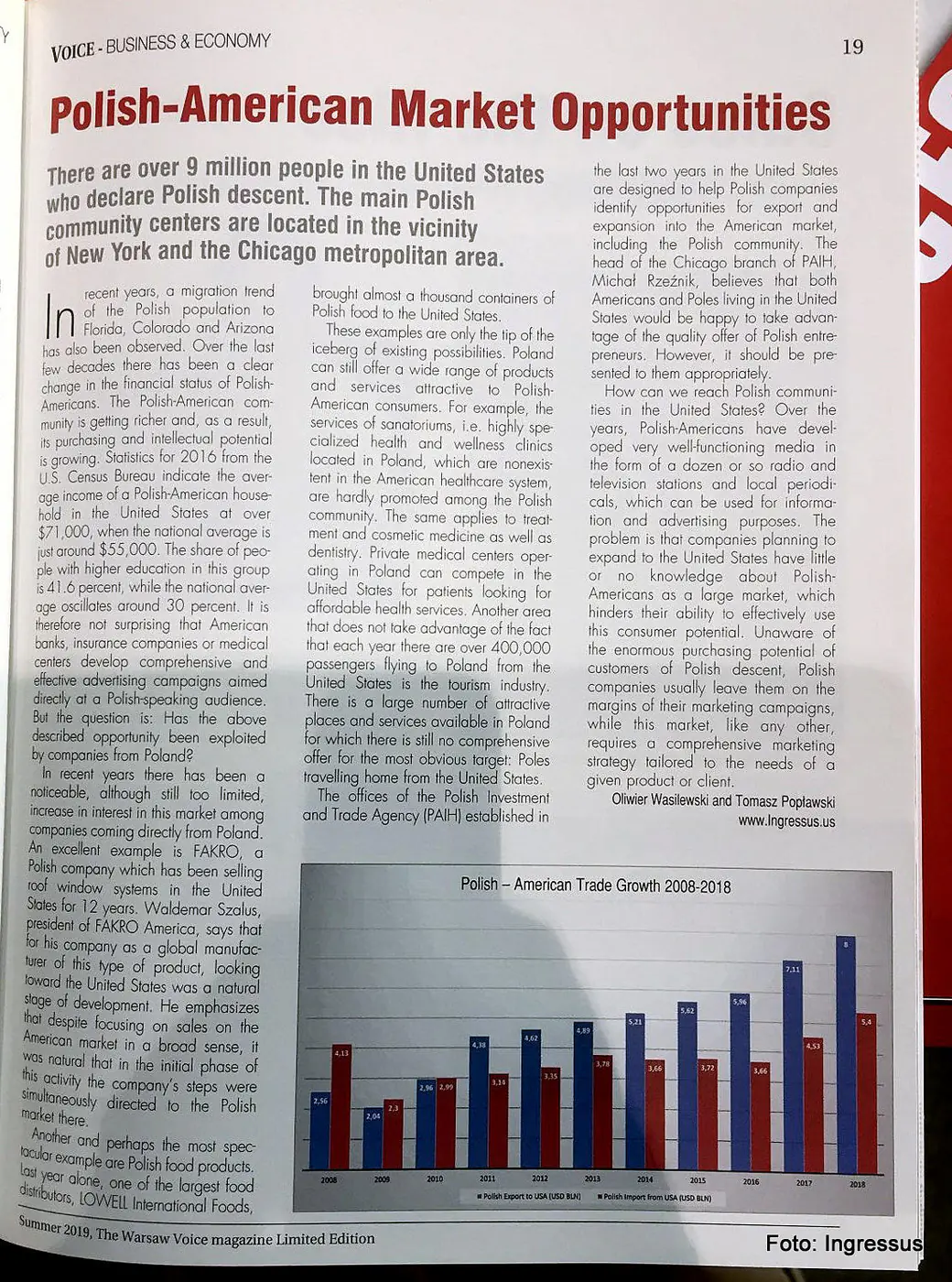 Page 19 of The Warsaw Voice, Summer 2019: Polish-American Market Opportunities by Olivier Wasilewski and Tomasz Popławski, with a trade chart